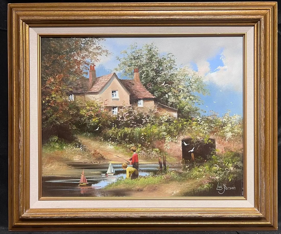 Traditional English Cornish Village Scene Children Playing in Stream by Cottage: Playing in the Stream by Les Parsons (British b. 1945) * see below signed oil on canvas, framed in swept gilt frame. framed: 22.27 x 27 inches canvas: 16 x 20 inches provenance: private collection, En