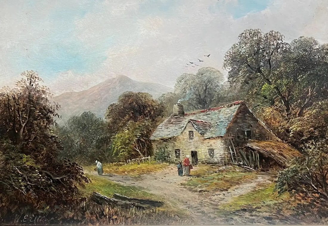 Antique Welsh Oil Painting Charming Cottage with Figures in Countryside Setting 19th Century (1 of 11)