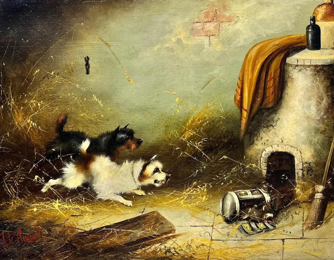 Terrier Dogs chasing Rat in Stable Barn Interior signed English Oil Painting: Frank Cassell (British 19th century) signed oil painting on canvas, framed framed: 18.5 x 22 inches canvas: 12 x 16 inches provenance: private collection, England condition: overall very good
