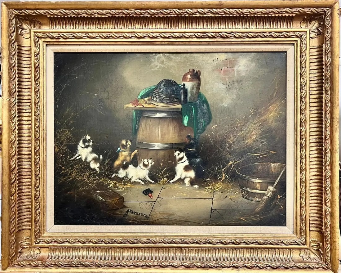 Terriers Ratting Barn Interior Victorian English Dog Oil Painting framed: Terriers Ratting by Frank Cassell (British late 19th century) oil painting on canvas, framed framed: 18 x 23 inches canvas: 12 x 16 inches provenance: private collection, England condition: overall ve