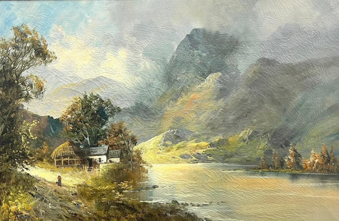 Antique Scottish Highlands Loch Landscape Figure by Cottage signed oil (1 of 7)