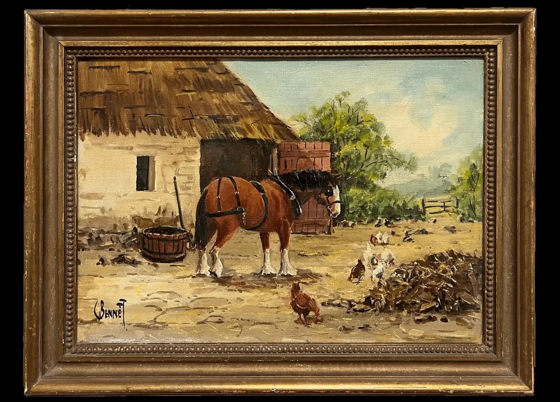 Antique English Signed Oil Painting Farmyard Animals Rural Countryside Scene: The Farmyard Friends English School, early 1900's signed oil on canvas, framed framed : 13 x 17 inches canvas: 10 x 14 inches Provenance: private collection, England Condition: very good condition For