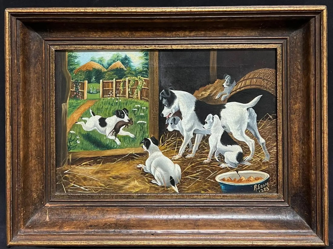 Terriers in Stable Barn Interior Rat Catching Signed 1920's English Oil Painting 1923: The Rat Catcher English School, 1920's signed, dated, "R. Esom" oil on canvas, framed framed: 12 x 16 inches canvas : 8 x 12 inches Provenance: private collection, Cotswolds, England Condition: very g