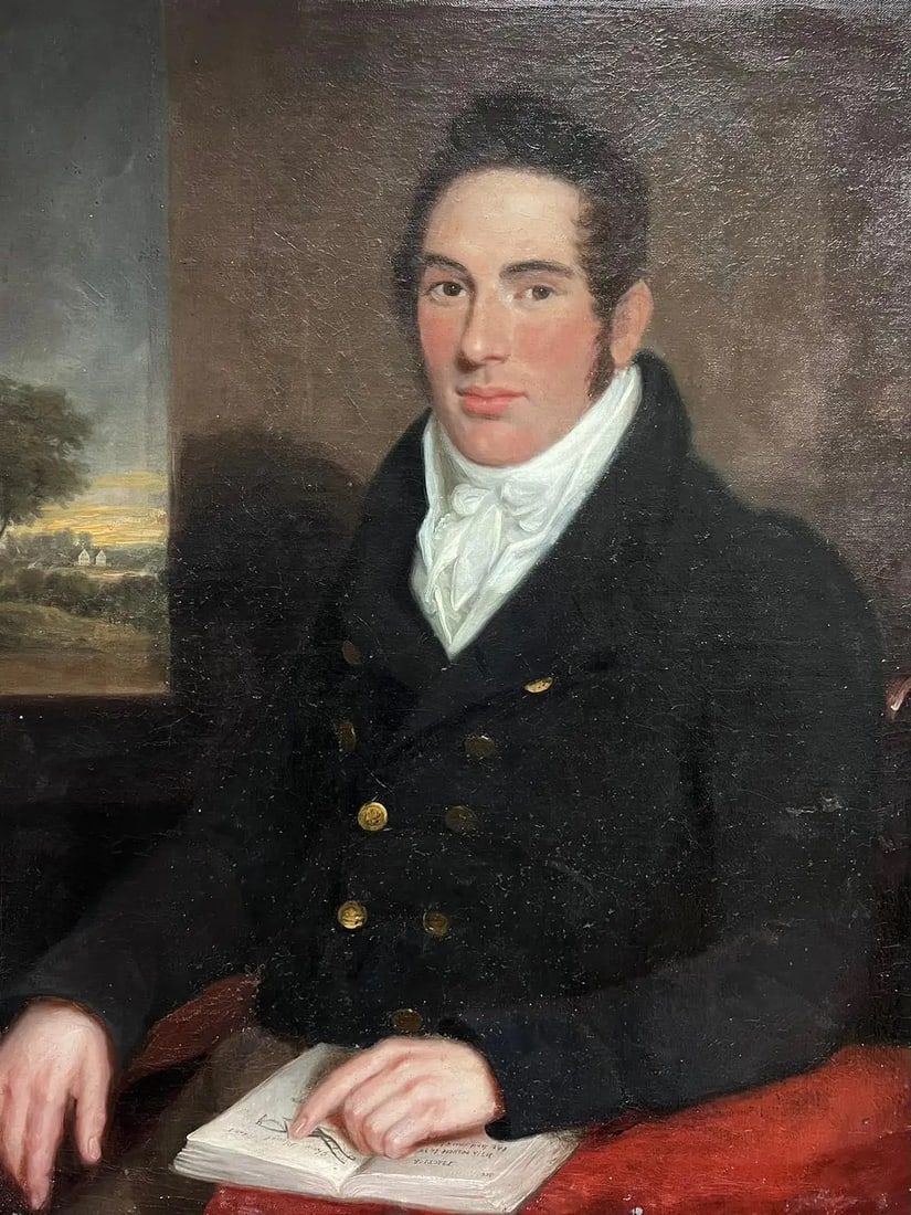 Fine Large 1800's English Oil Country Gentleman in Parkland before Stately Home: The English Gentleman and his Country House English artist, circa 1800-1820 period Fine Georgian period portrait of a young English gentleman, seated with distant view of his country estate and house.
