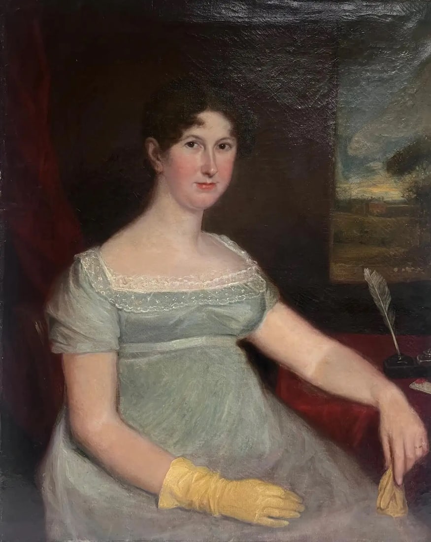 Fine 1820's English Georgian Large Portrait of a Country Lady seated with Quill: Portrait of a Country Lady, depicted Seated wearing a silk glove and with a Quill Pen English artist, circa 1820's, unsigned oil on canvas, unframed canvas: 35 x 29 inches provenance: private collecti