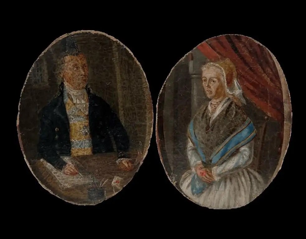 Fine Antique Pair 18th Century English Portraits of Husband & Wife Oval Oils x 2: The Georgian Couple *please note, the previous owner had held the view that the gentleman portrayed as a Royal Navy Captain. English School, circa 1780's period pair (2) oils on canvas laid on board, 