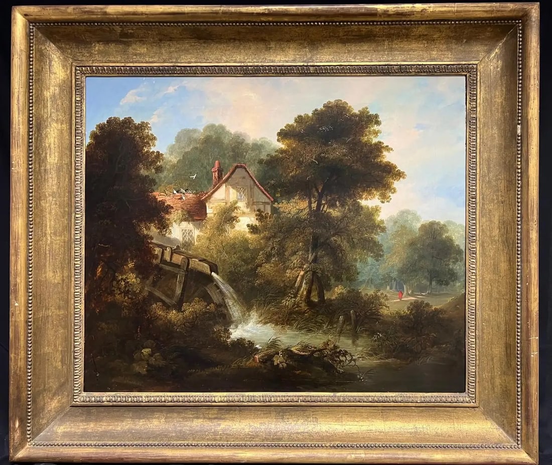 Fine Large 19th Century English Watermill Scene Oil Painting Cottage by Stream: Idyllic Watermill Scene English School, circa 1840's period (there is an old frame plaque with the frame but we do not think this work is by that artist named on it, unsigned) oil on canvas, framed fr