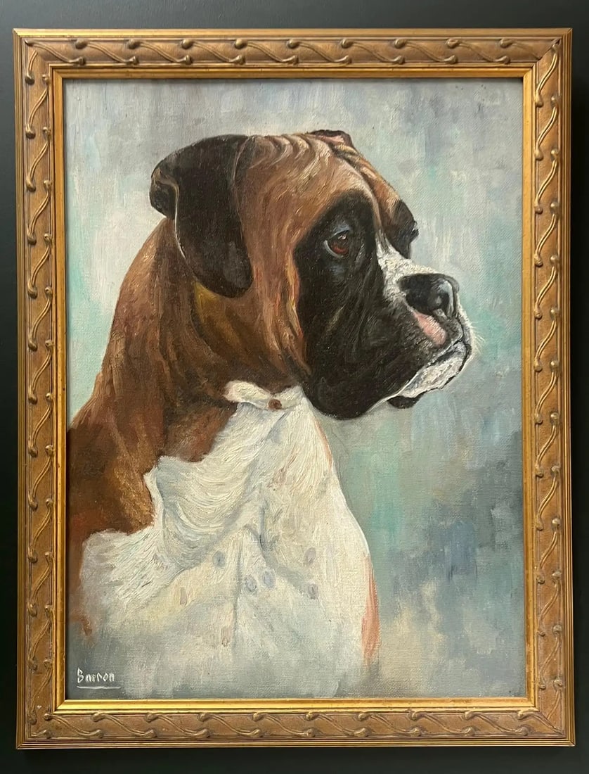 Vintage English Oil Painting Portrait of a Boxer Dog 'Barron': "Barron" Portrait of a Boxer Dog English artist, mid 20th century oil on board, framed Framed: 18 x 14 inches Board: 16 x 12 inches Provenance: private collection, England Condition: very good conditi