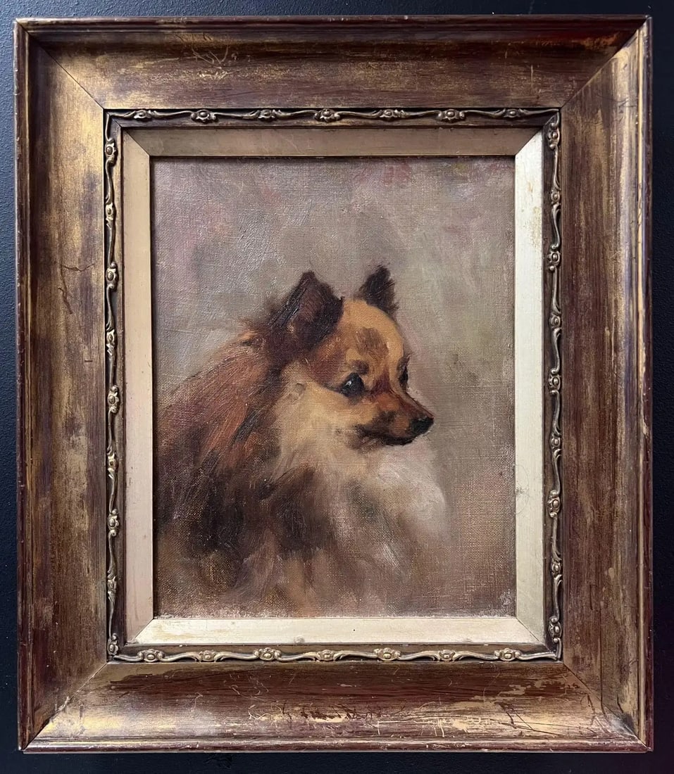 Antique English Oil Painting Portrait of Pomeranian Dog 19th Century framed: Portrait of a Pomeranian Dog English artist, late 19th century oil on canvas, framed Framed: 14.5 x 12.5 inches Canvas: 10 x 8 inches Provenance: Private collection, Surrey, England Condition: good co