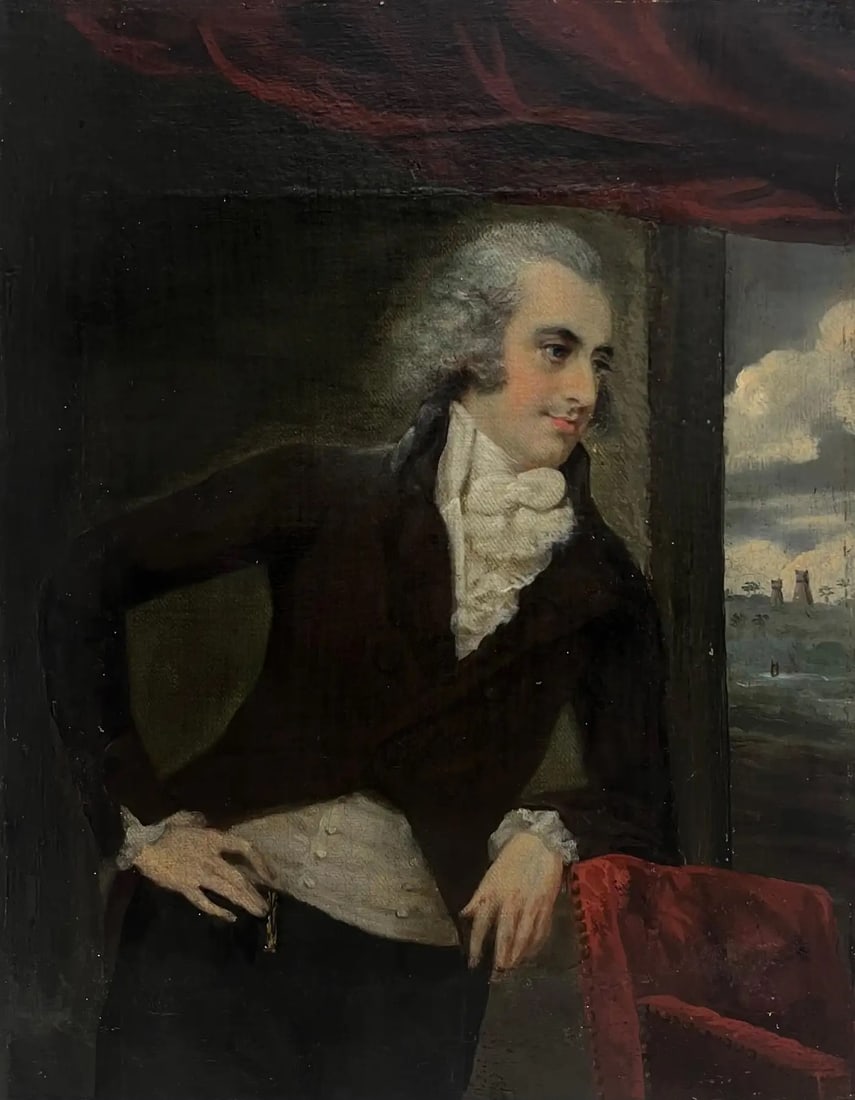 Fine Georgian Oil Painting English Portrait Naval Sea Captain at Sea with Ships: The Master of all He Surveys late 18th century/ early 19th Century English oil on canvas, unframed, unsigned canvas: 14 x 11 inches Provenance: private collection, UK Condition: former restoration lin