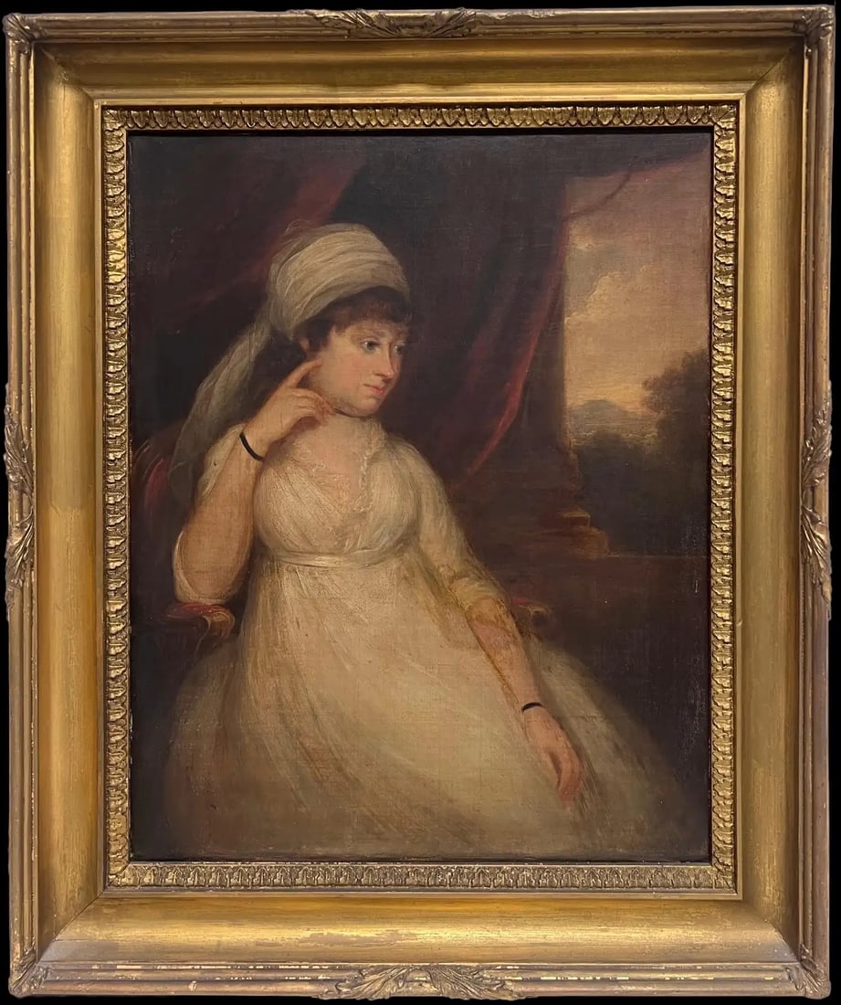 Fine 18th Century English Georgian Portrait of a Lady Seated in Parkland Estate: Portrait of Mrs Bonne Wilson (nee Boileau 1749 - 1818) English School, late 18th century, unsigned oil on canvas, framed framed: 22.5 x 18.5 inches canvas : 18 x 14 inches Provenance: private collecti