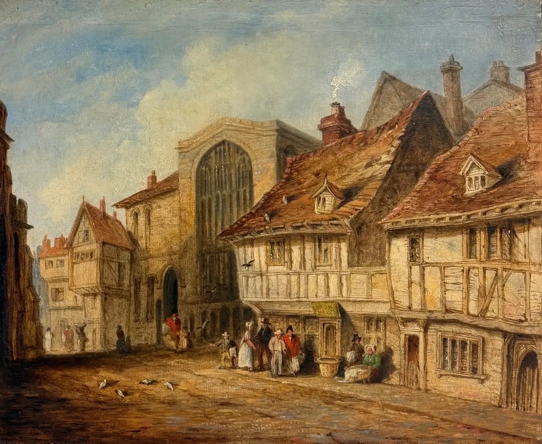 Figures outside St Marys Hall Coventry 19th Century English Oil Painting: St Marys Hall Coventry by J Jenshall ( 1833) oil on canvas, unframed inscribed verso canvas: 9 x 11 inches Provenance: private collection Condition: very good condition For more any more information p