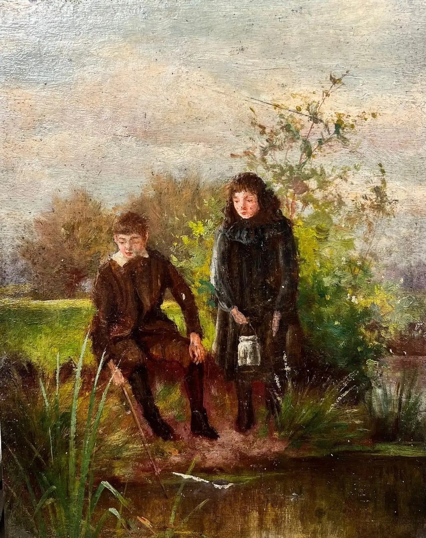 Antique Victorian English Oil Young Figures Down By The Stream: Artist/ School: English School, late 19th/ early 20th century. The painting came from a large collection of works by one artist. A very few of them are signed what looks to be 'F. Wardle'. Title: Down