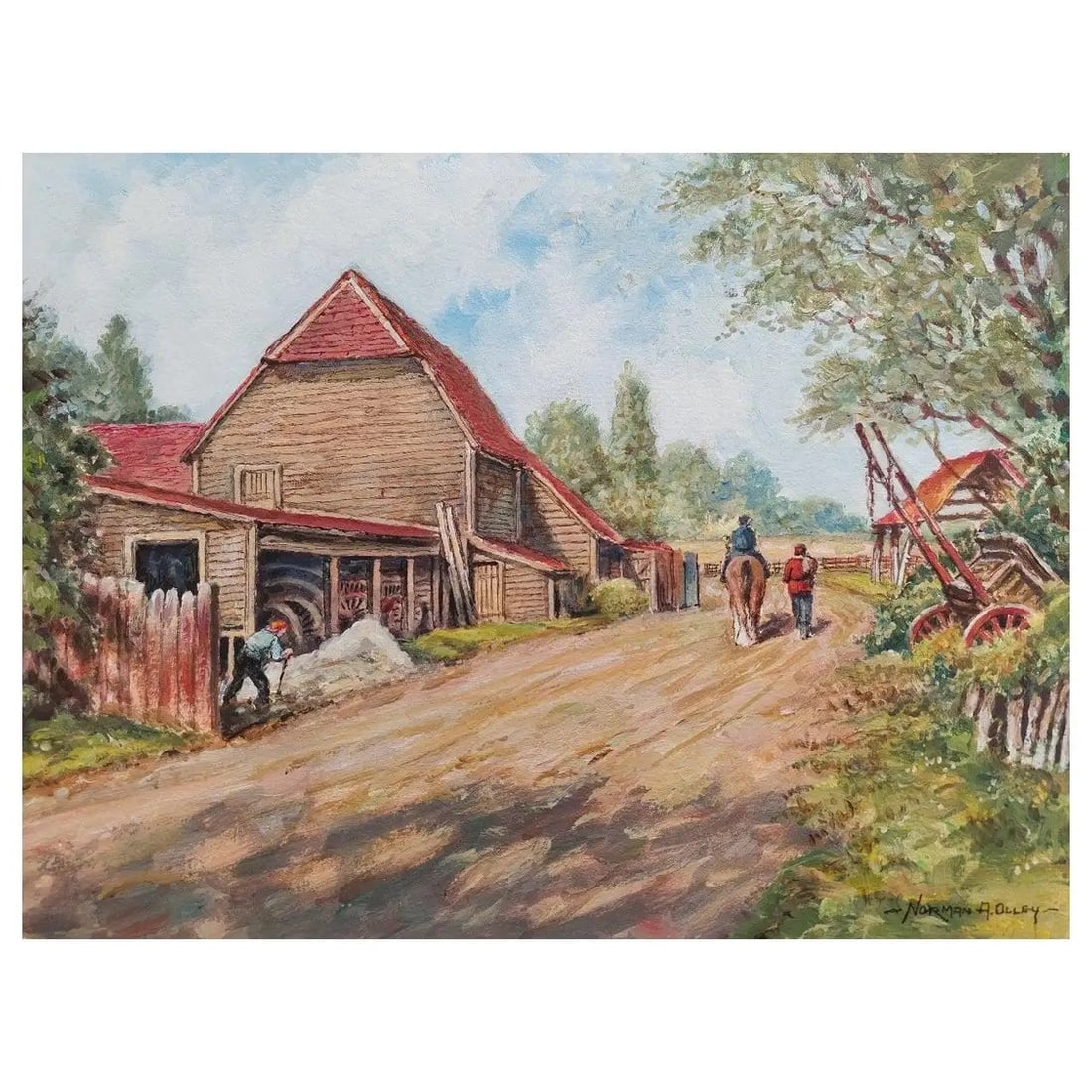 20th Century Traditional English Painting a Farm in Claygate, Surrey: Artist/ School: Norman A. Olley (British, 20th Century, 1908-1996), signed to the front and inscribed verso Title - "The Old Barn - Manor Farm, Claygate, and Surrey", a vibrant farming scene with figu