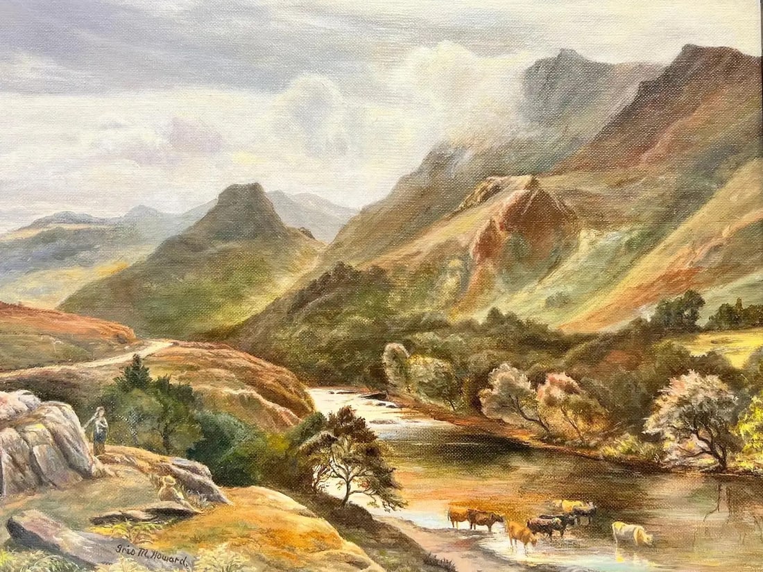 Beautiful English Signed Oil Painting Majestic Hills Lake District Landscape: Artist/ School: British School, signed Iris M. Howard (after the painting by Sidney Percy). Title: The Lake District Medium: oil on board, framed Framed: 16 x 20 inches Painting: 14 x 18 inches Proven