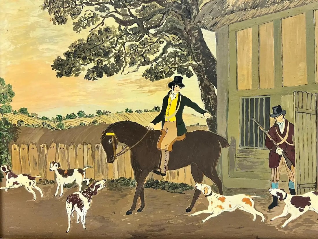 Folk Art Naive English Oil Painting Country Gentleman on Horseback with Hounds: English Naive/ Folk Art School, 20th century oil on board, framed framed: 12 x 16 inches board: 11.5 x 14 inches provenance: private collection, England condition: overall very good