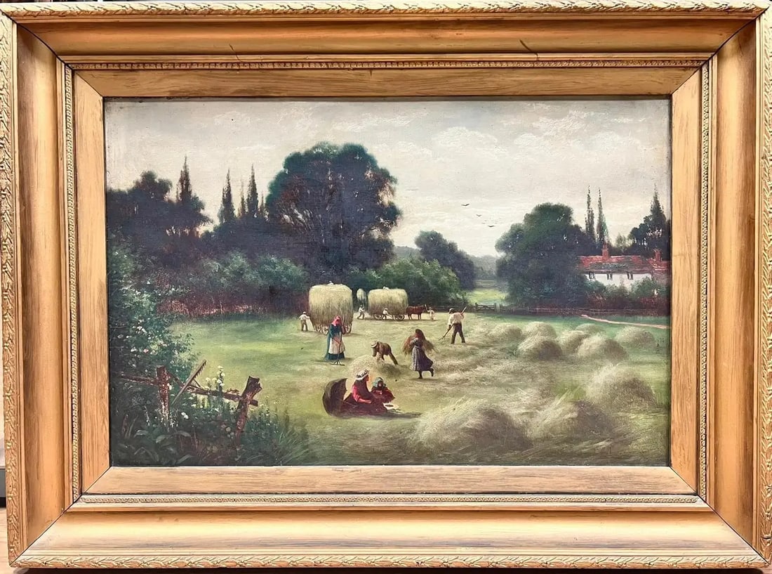 Rural Harvest Scene Gathering Hay Farming Landscape 19th Century English Oil: The Harvest English School, late 19th century oil on canvas, framed framed: 28 x 38 inches canvas: 20 x 30 inches provenance: private collection, Suffolk, England condition: very good and sound condit