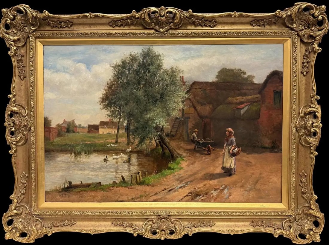 Charming English Rural Farmyard Scene with Ducks Figures & Cottage Oil Painting (1 of 12)