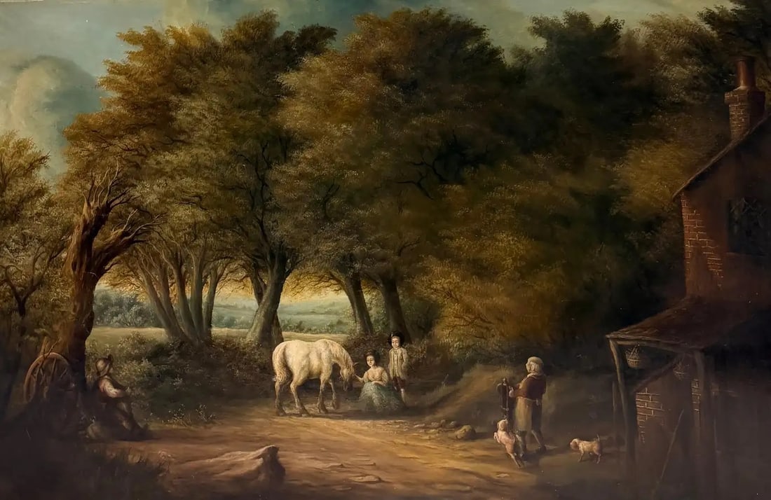Children with Pony in Woodland Landscape English Pastoral Scene Oil Painting: Children with Pony in Woodland Landscape English Pastoral Scene Oil Painting by English School (19th century) oil on canvas, unframed canvas: 22.5 x 35 inches private collection, United Kingdom overal