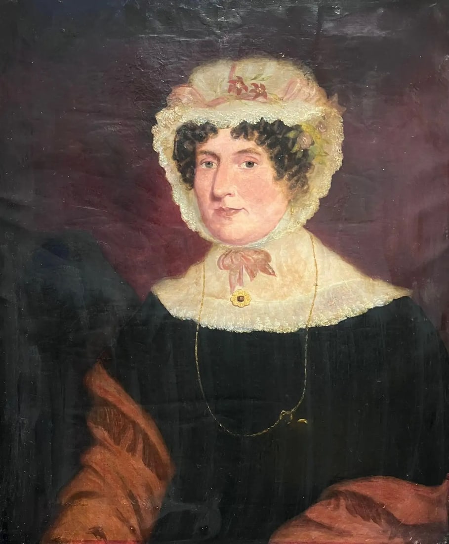 Mid 19th Century English Oil Painting Portrait of a Lady in Lace Bonnet: Portrait of a Country Lady English artist, mid 19th century oil on canvas, unframed canvas: 30 x 25 inches provenance: private collection, UK condition: some former restoration and surface markings, b