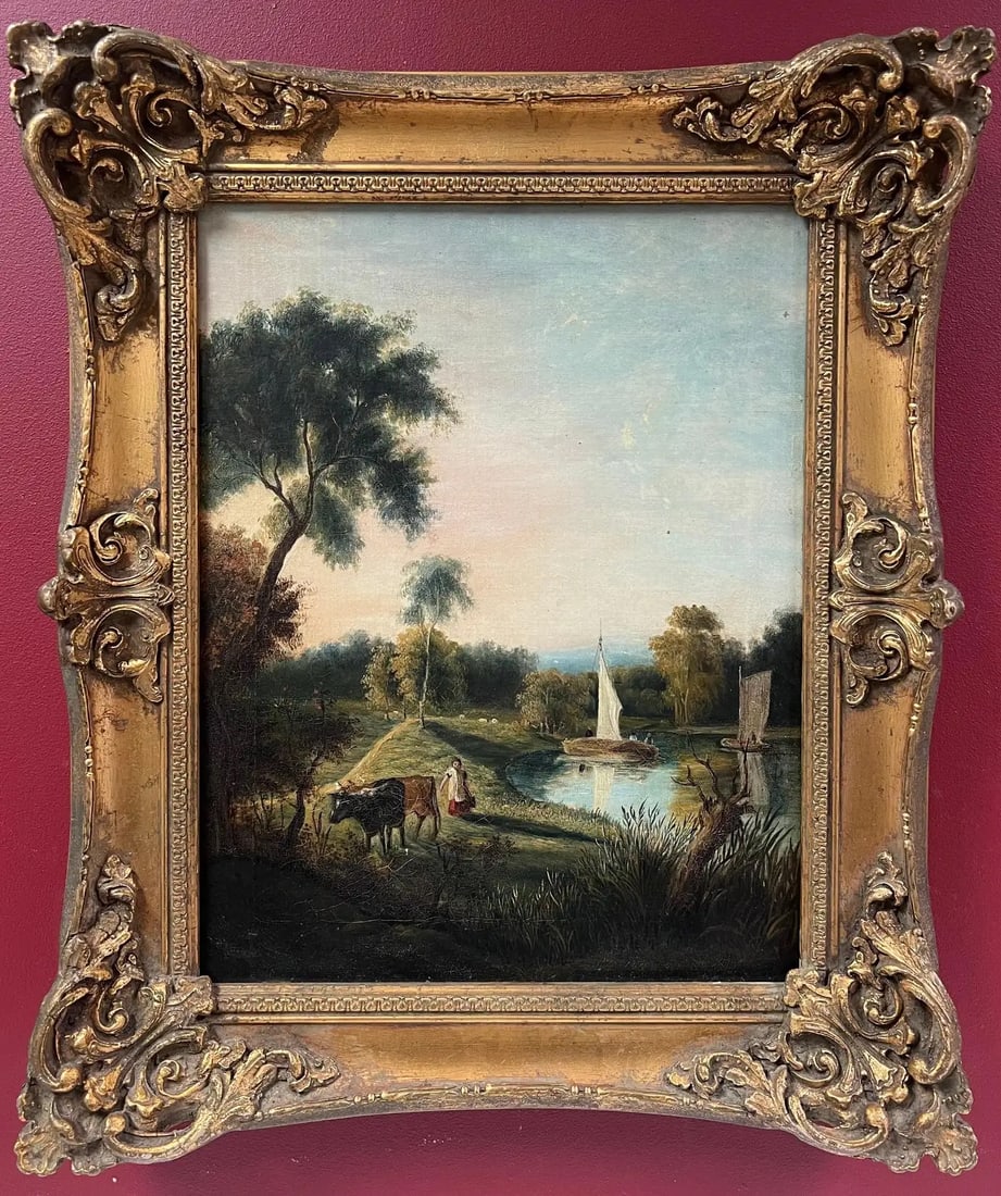 Fine Victorian English Rural Oil Painting Boat on River Farmer and Cattle: Leading them Home English School, mid 19th century oil on board laid on canvas, framed framed: 18.5 x 15.5 inches painting : 14 x 11 inches Provenance: private collection, the City of Bath, England Co