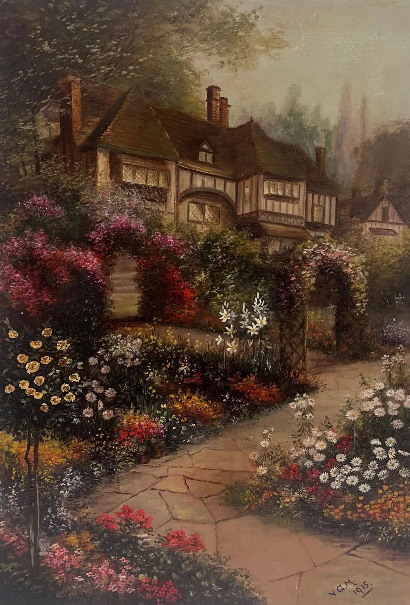 Antique English Oil Painting Old Tudor House and Flower Garden Twilight Dusk 1915: The Flower Garden English School, signed with initials dated 1915 oil on canvas, unframed canvas : 20 x 14 inches Provenance: private collection, England Condition: very good condition except for an i