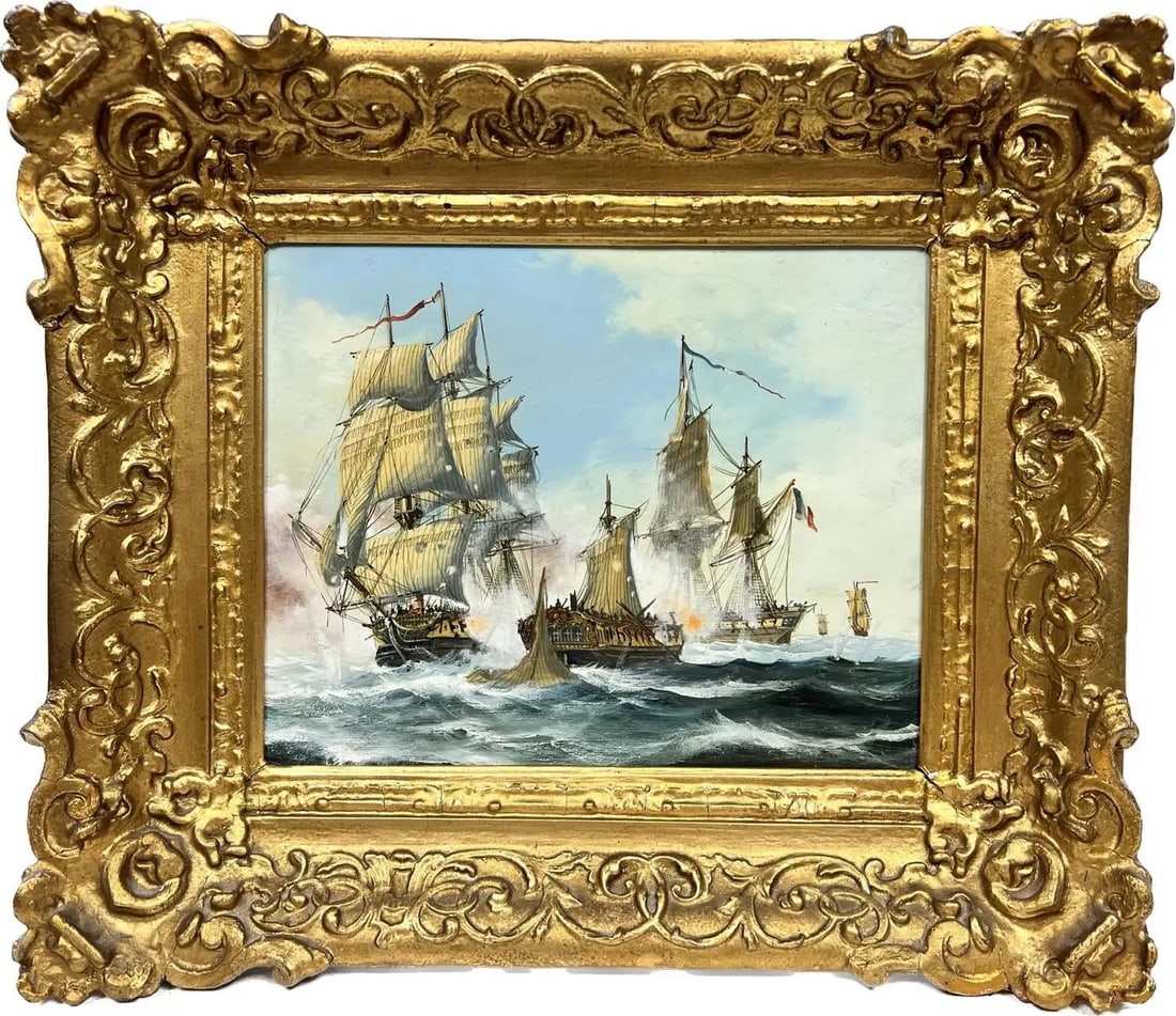 Naval Engagement Napoleonic Wars Sea Battle Fine English Oil Painting: Contemporay English School signed oil painting on copper panel framed: 13 x 14.5 inches panel: 8 x 10 inches provenance: private collection, England condition: overall very good