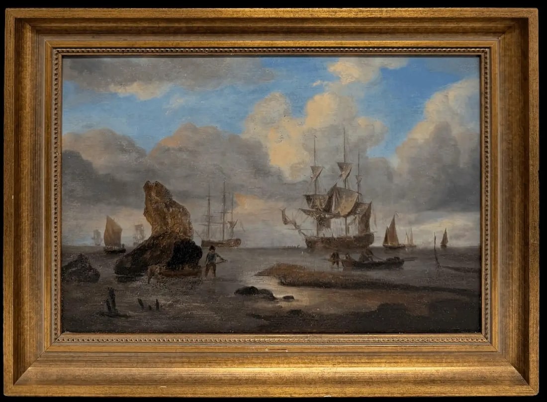 Antique English Oil Preparing the Ships Marine Scene Figures & Sailing Vessels 1833: Preparing the Ships Coastal Marine Scene with Figures and Sailing Vessels English, mid 19th century oil on board, framed in a gilt moulded frame Framed: 10.75 x 14.5 inches Board: 7 x 11 inches Proven