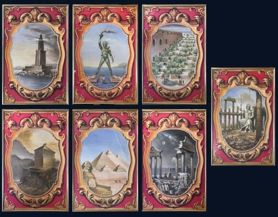 Set of 7 Original Paintings - The Seven Wonders of the Ancient World Classical: The Seven Wonders of the Classical World English School, early 20th century set of seven (7) 7 x oil paintings on paper mounted on board, framed Glass covering framed: 22 x 14 inches board: 21 x 13 in