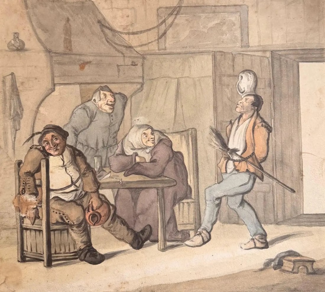 Fine English School Ink & Watercolor Rustic Interior Tavern Scene: Fine English School Ink & Watercolor Rustic Interior Tavern Scene Late 18th / Early 19th Century English School circa 1780–1800 ink drawing with watercolour wash on artist paper, unframed Drawing si