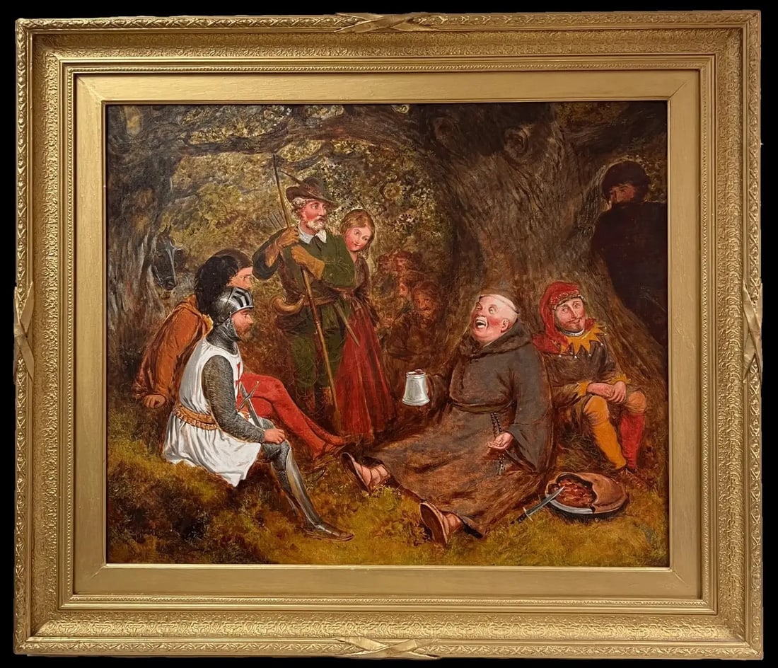 Large 19th Century English Victorian Oil Painting Robin Hood & Merry Men: Robin Hood and His Merry Men English School, 19th century oil painting on canvas, framed framed: 34 x 39 inches canvas: 25 x 30 inches condition: very good condition and well framed in antique gilt fr