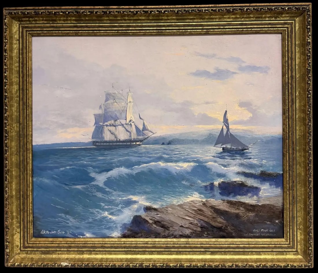 Fine Classic English Marine Oil Painting 1800's Sailing Ship at Sunset Signed 1995: Exe Pilot, 1807 Sunset Westerly Coastal Maritime Scene by English School (British, late 20th century, indistinctly signed & dated 1995) oil on board, framed Framed: 22 x 26.5 inches Board: 18 x 22 inc