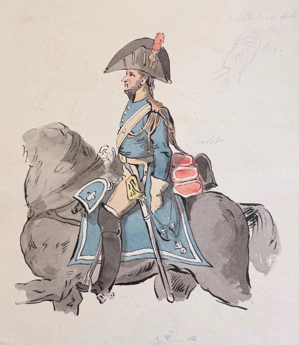 Fine English School Ink & Watercolor Cavalry Officer on Horse In Plumed Helmet: 1780's-1800 Fine English School Ink & Watercolor Cavalry Officer in Plumed Helmet on Horse Study Late 18th / Early 19th Century English School circa 1780–1800 ink drawing with watercolour wash on ar