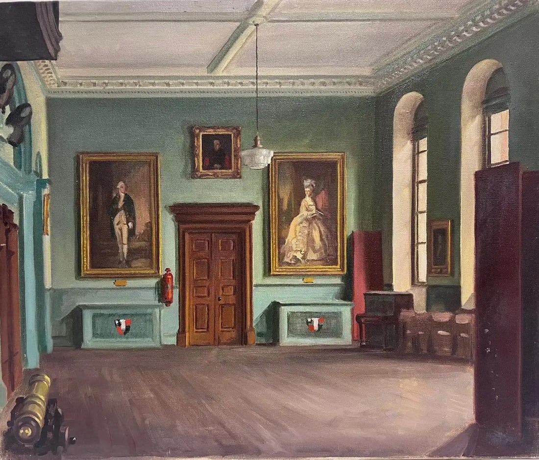 Fine 1950's English Oil Grand Interior Room Scene Ancestral Portraits signed: The Guildhall, Worcester English School, mid 20th century indistinctly signed verso oil on canvas canvas: 20 x 24 inches provenance: private collection, UK condition: very good and sound condition The
