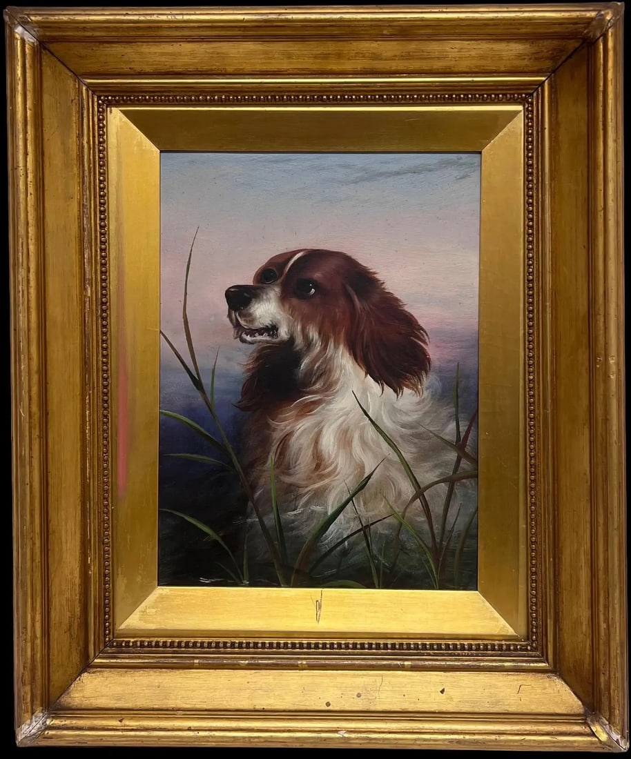 Antique English 19th Century Victorian Oil Painting Head Portrait of Spaniel Dog: Portrait of a Spaniel English School, 19th century based on a comparable work by Sir Edwin Landseer oil on board with cardboard backing, framed in antique deep gilt frame framed: 21 x 18 inches board 