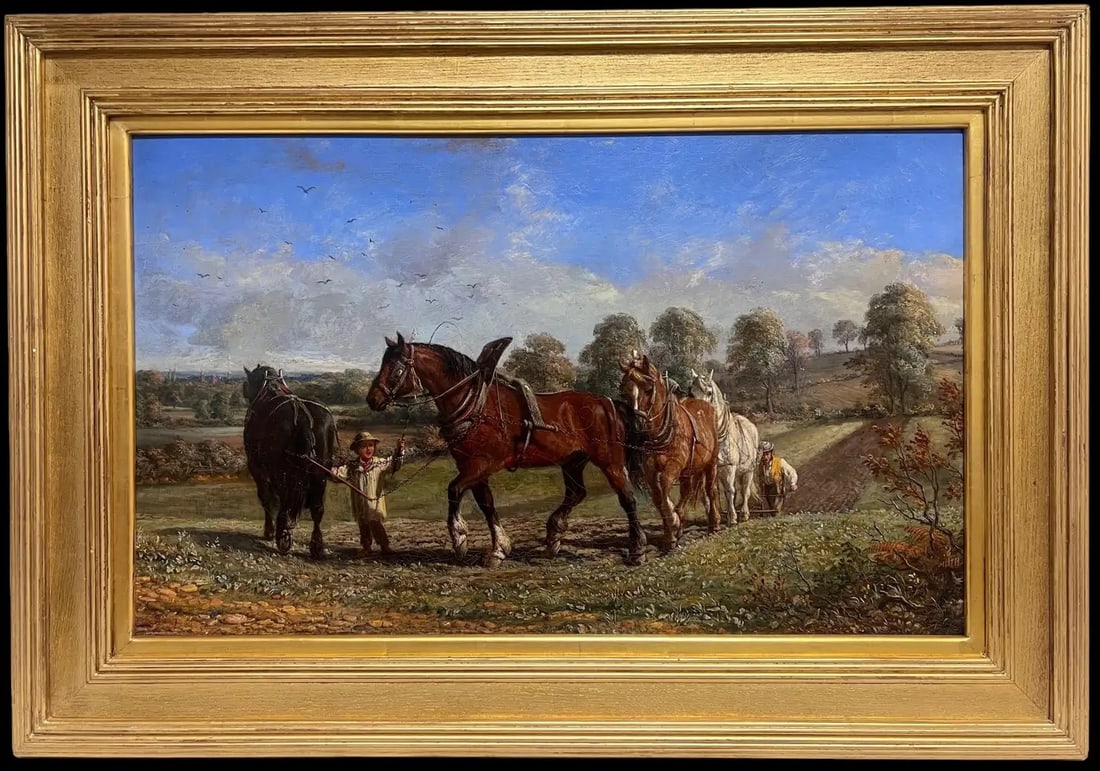 Fine Victorian English Rural Oil Painting Plough Team Horses & Figures in Field: The Plough Team Mid 19th Century English School indistinctly signed with a monogram 'AS' oil on canvas, gilt framed framed: 22.5 x 32.5 inches canvas : 16 x 26 inches Provenance: private collection, S