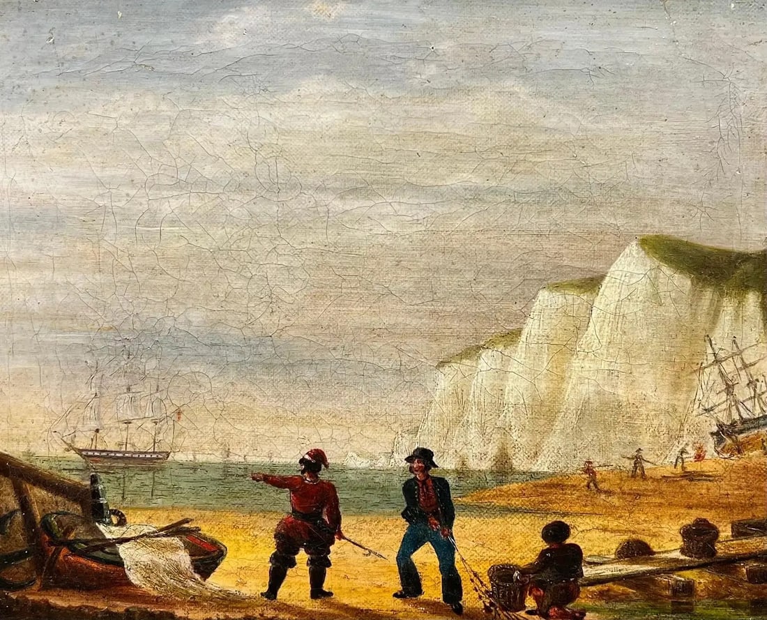 Napoleonic Wars Marine 1800's Oil Painting Soldiers on Beach War Ship at Sea: English School, circa 1800 Napoleonic Wars Marine Scene oil on canvas, framed framed: 10.5 x 13 inches canvas: 8 x 10 inches private collection, England condition: The painting is in overall very good