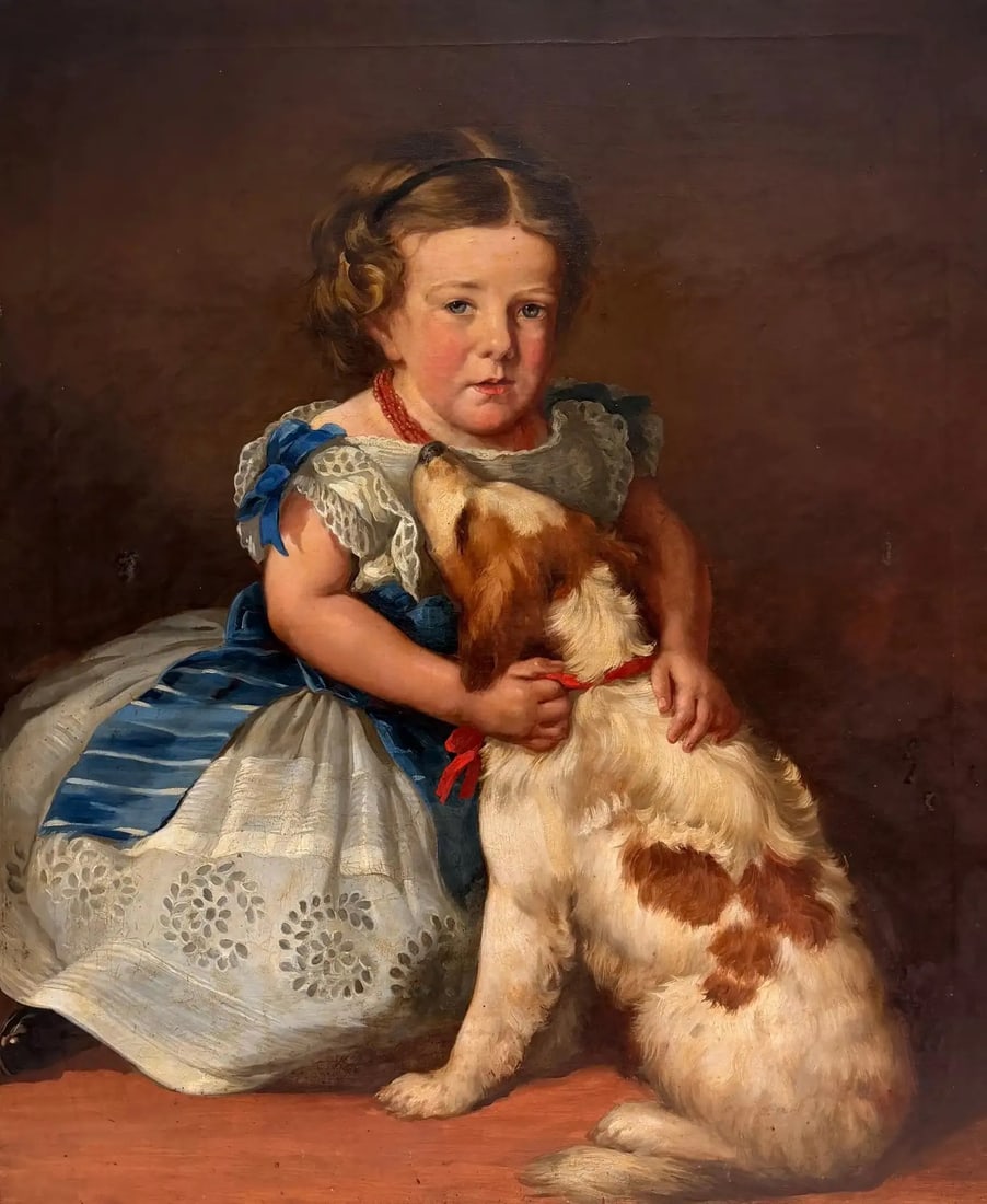 Fine Victorian Oil Painting Young Girl with Favourite Pet Spaniel Dog 19th Century: Her Favourite Pet Portrait of a Victorian Young Girl comforted by her pet Spaniel Dog English, mid 19th century, circa 1850 oil on canvas, framed framed: 33 x 28 inches canvas: 30.5 x 25 inches Proven