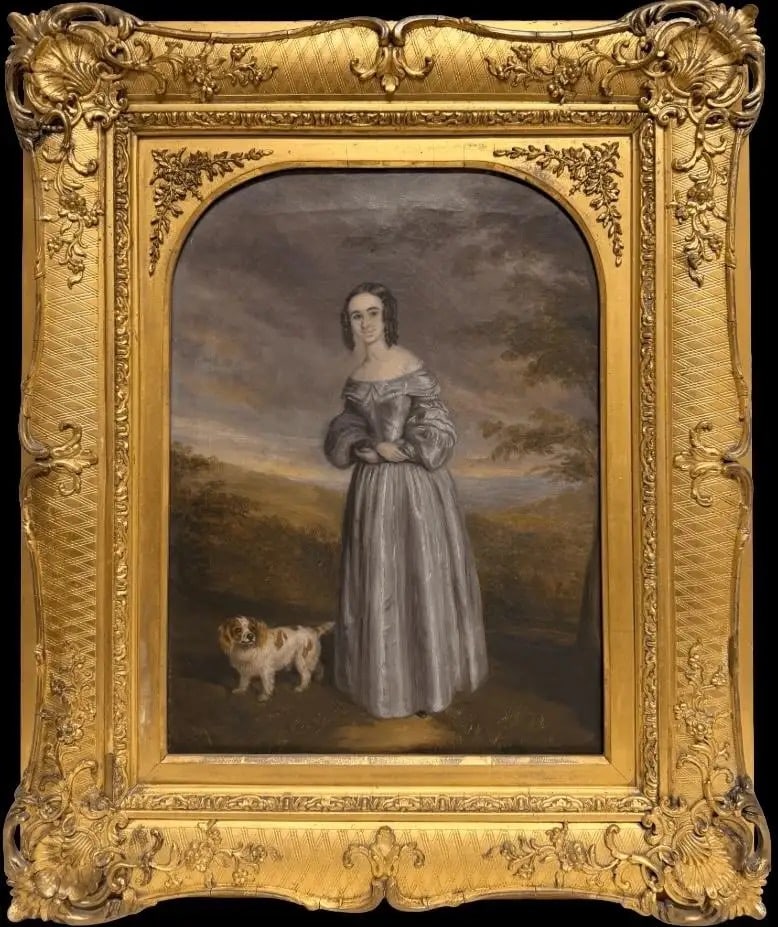19th Century English Country House Portrait Lady & King Charles Spaniel Dog: The Favourite Pet English Country House Portrait, lady with Spaniel Dog English, 19th century circle of Alfred Edward Chalon (19th century) oil on canvas, framed framed: 23.5 x 20 inches canvas: 16 x 