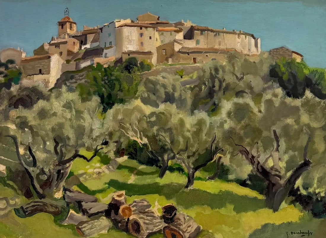 20th Century French Village Provence Hill Top Town with Olive Trees Oil Painting (1 of 9)