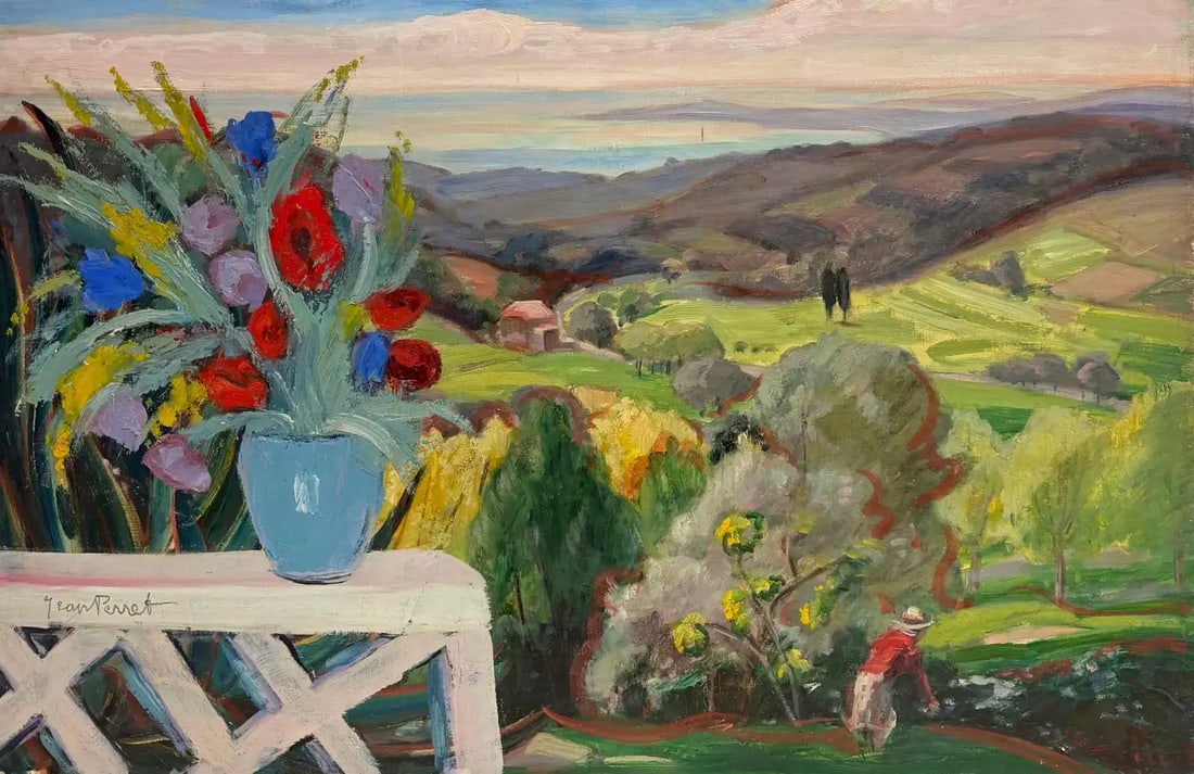 Large 1930's French Post Impressionist Landscape with Flowers Terrace & Valley: French Post Impressionist Landscape with Flowers Terrace and Valley Viewby Indistinctly Signed Artist (French, circa 1930s)Signed lower left 'Jean Perret'Labelled verso with old exhibition labeloil on