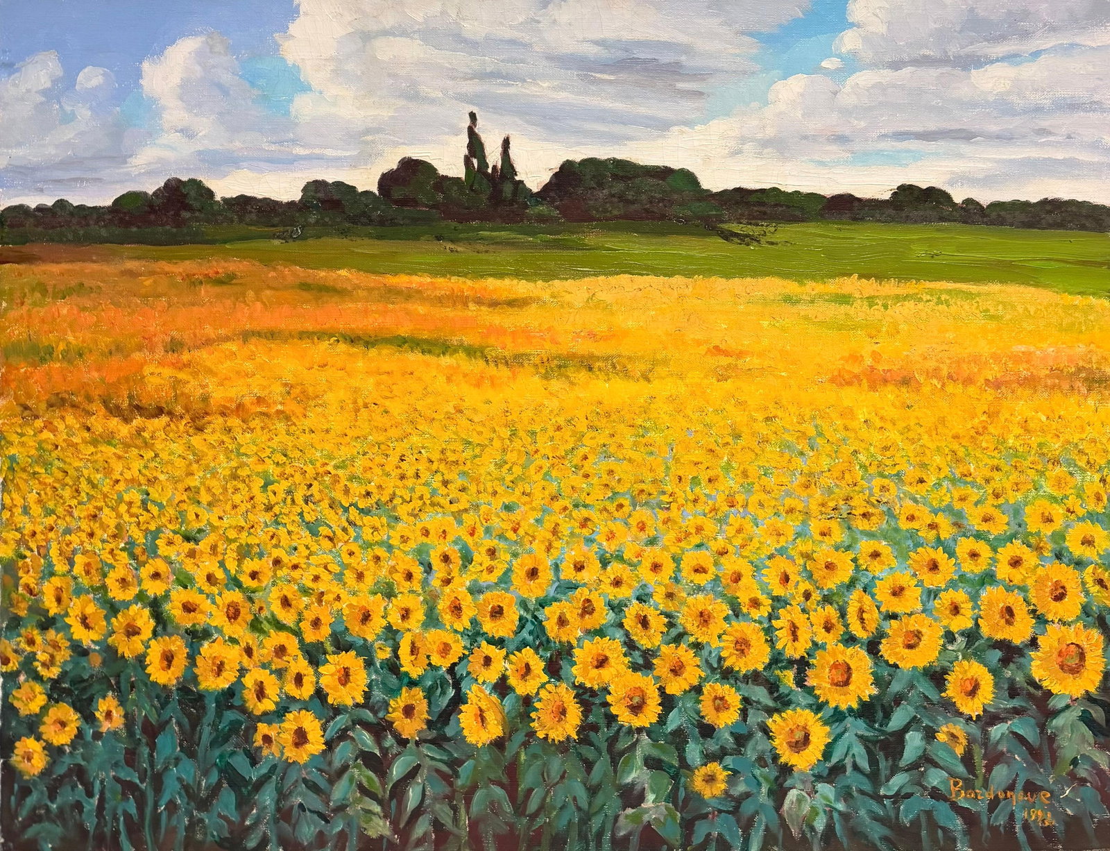 Georges Bordonove Sunflower Field French Impressionist Oil Painting: A vibrant French landscape oil painting by Georges Bordonove, signed and dated 1992, depicting a sweeping field of sunflowers beneath an open sky. Painted in a contemporary Impressionist style, the wo