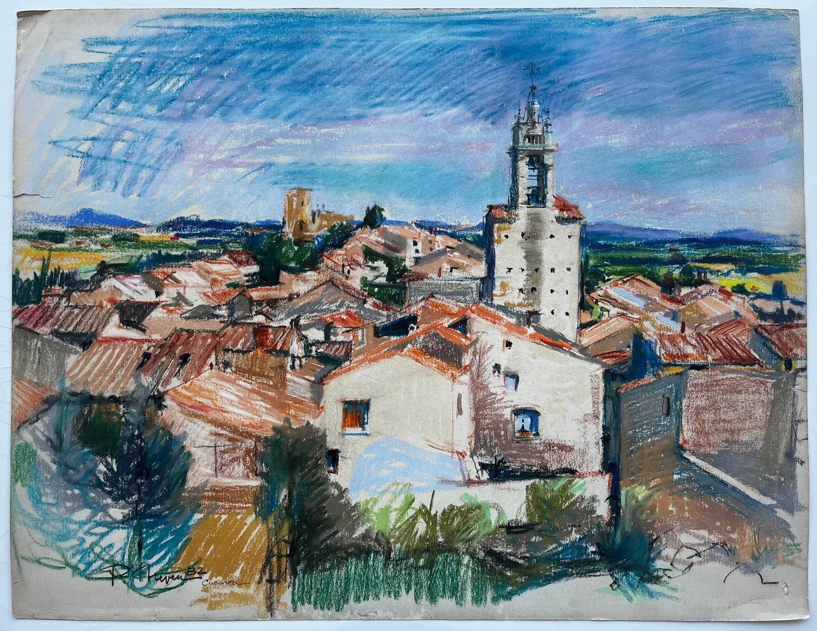 Cucuron Provence Village Landscape Pastel by Pierre Neveu: Original 1982 pastel and coloured pencil landscape on paper by Pierre Neveu (French, b.1929), signed lower left and inscribed Cucuron. The composition looks across terracotta rooftops and a prominent 