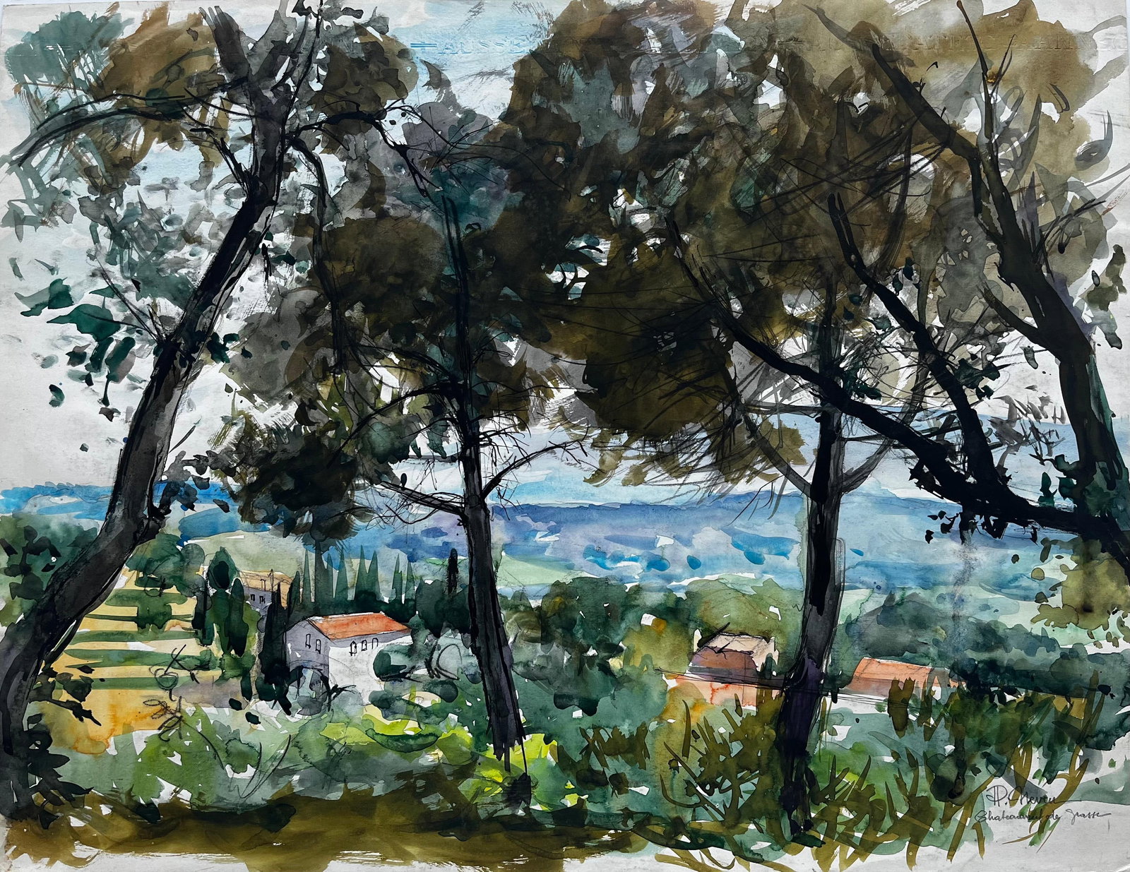 Chateauneuf de Grasse Provence Landscape Watercolour Pierre Neveu: Original 1982 watercolour and gouache landscape on paper by Pierre Neveu (French, b.1929), signed lower right and inscribed Chateauneuf de Grasse lower right. The composition looks through tall umbrel