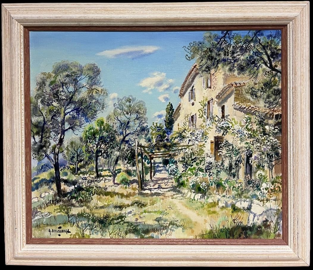 Gabriel Deschamps Old Stone Mas Provence Impressionist Oil Painting: The Old Mas, Provence, a signed oil on canvas by Gabriel Deschamps (French, 1919-2011), dated 1953 and presented framed. This luminous Provençal landscape depicts an old stone mas surrounded by olive