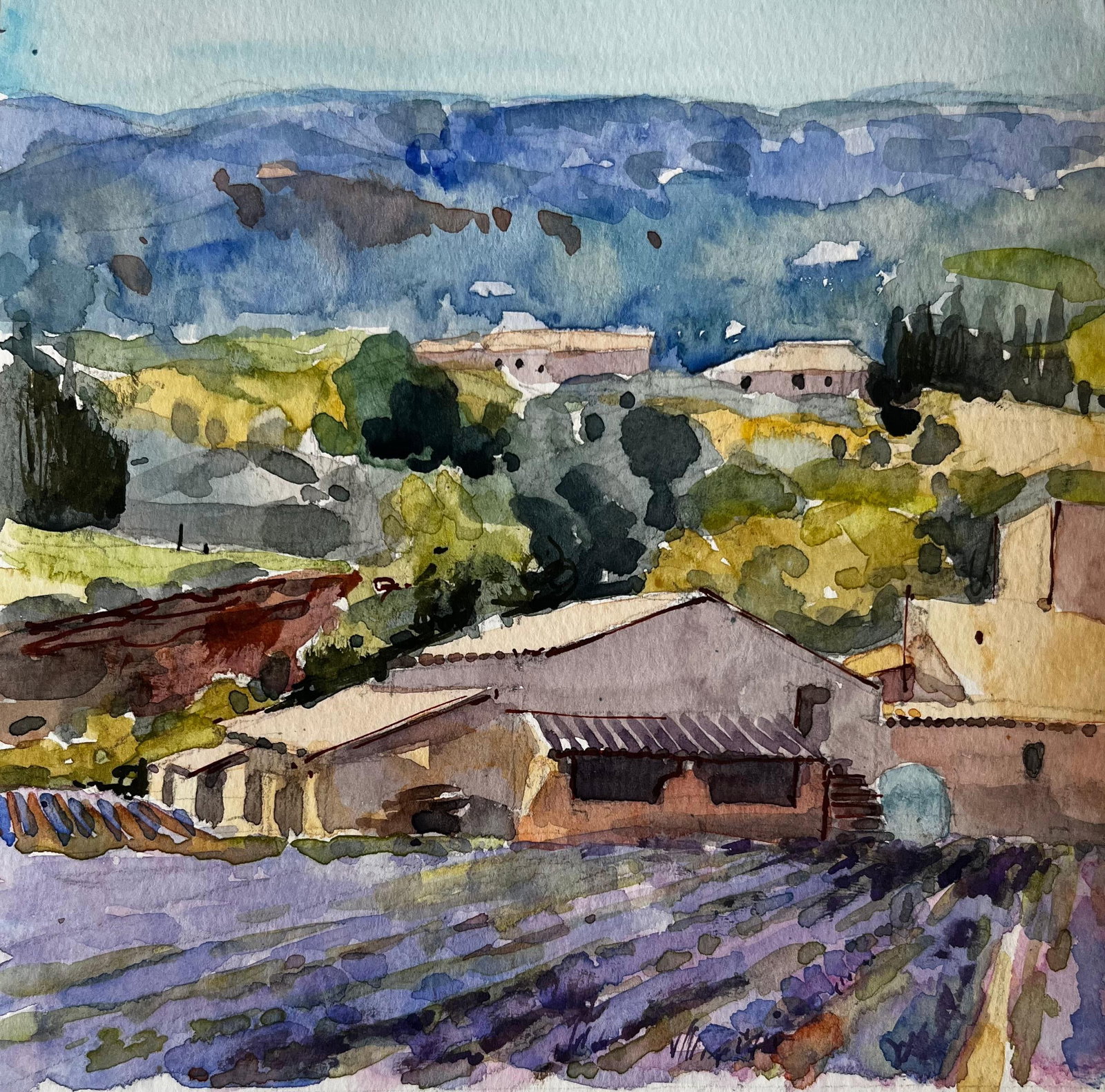 Pierre Neveu Provence Lavender Fields Farmhouse Watercolour Landscape: Original watercolour and gouache landscape on artist paper by Pierre Neveu (French, b.1929), depicting lavender fields, Provençal farm buildings and distant blue-green hills. The work combines fluid 