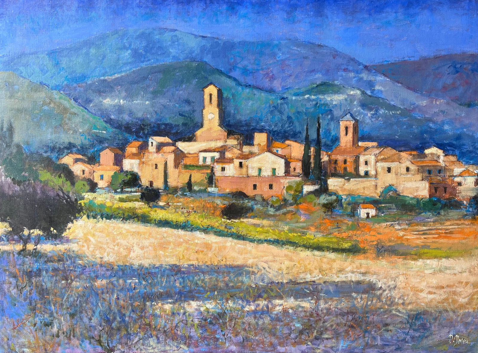 Huge French Post Impressionist Oil Lourmarin Luberon Valley Provence: Lourmarin (The Luberon Valley, Provence), a large signed oil on canvas by Pierre Neveu (French, b.1929), signed lower right and inscribed and titled verso. This radiant view of the Provençal village 
