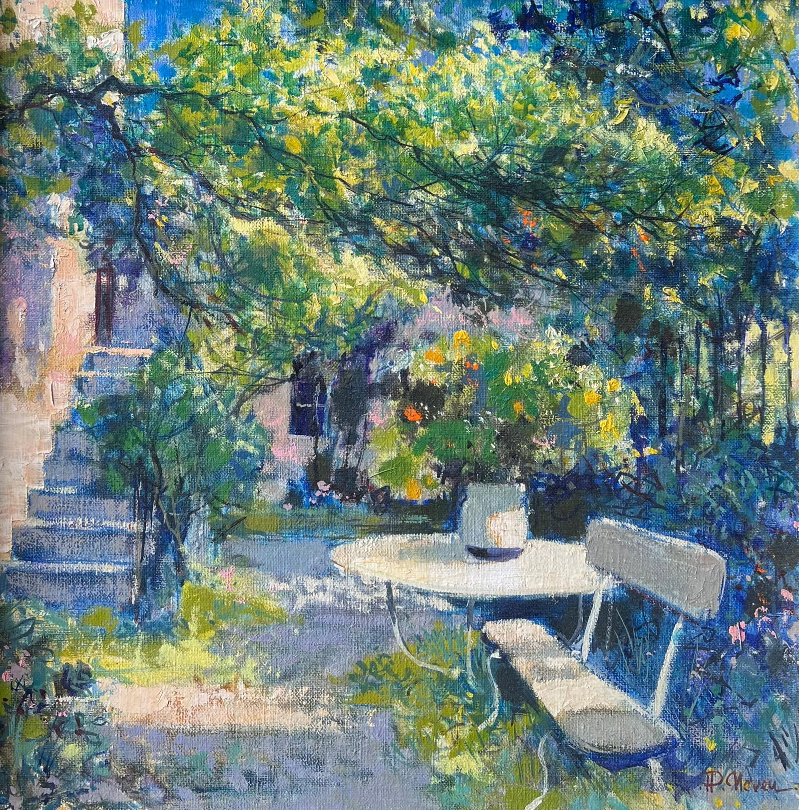 Le Jardin en Provence Old Stone Garden House Oil Painting Pierre Neveu: Original French Post-Impressionist oil painting on canvas by Pierre Neveu (French, b.1929), signed lower right and presented framed. Titled Le Jardin, the work depicts a sunlit Provençal garden with 