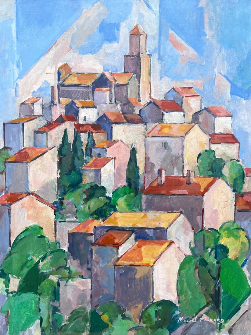 Provencal Hill Top Perched Village Cubist Signed 1950s French Oil Painting: Mid-century French Cubist oil painting on canvas, signed Manoel Pillard and inscribed verso. The composition shows a Provençal hilltop village with stacked pale houses, terracotta rooftops, cypress t