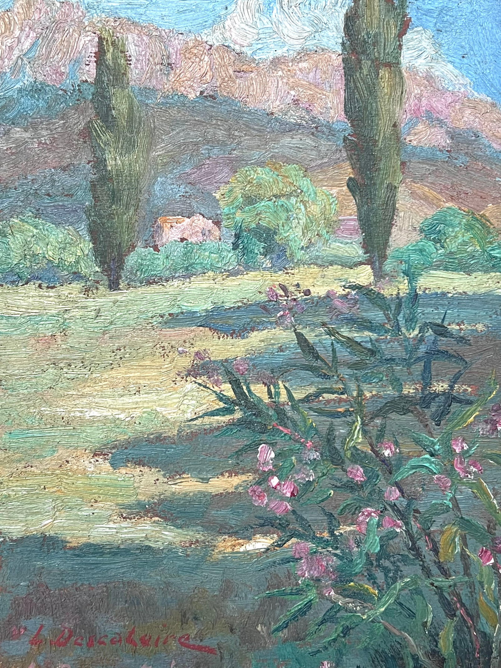 Mid 20th Century French Impressionist Provence Landscape Trees Oil Painting: Original mid-20th century French Impressionist oil painting on board by L. Descatoire, signed lower left. The compact landscape depicts Provence with tall cypress-like trees, distant hills and floweri